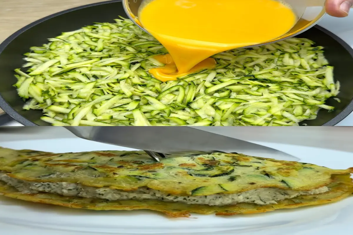 Pouring whisked eggs over grated zucchini in a pan, and a plated zucchini egg fritter ready to be served.