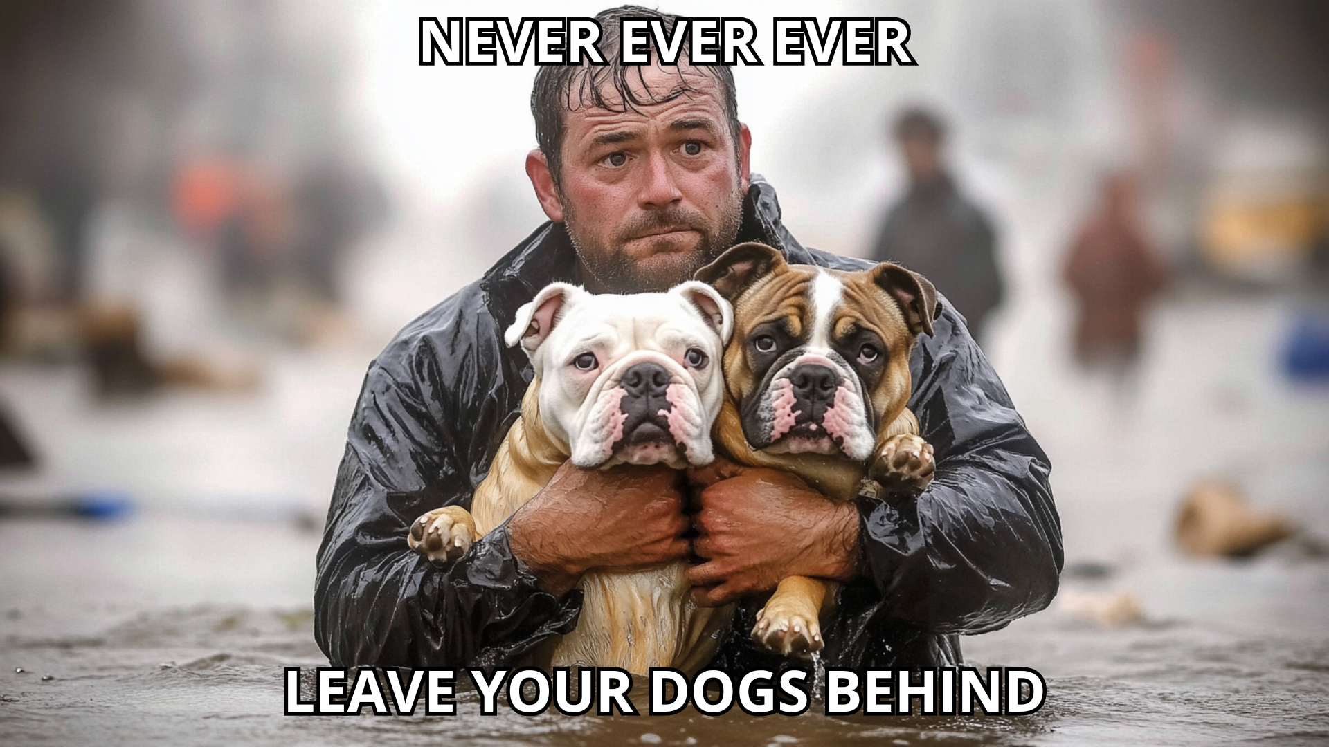 Man in a rain-soaked jacket carrying two Bulldogs through floodwaters, with the text 'Never Ever Ever Leave Your Dogs Behind' above and below.