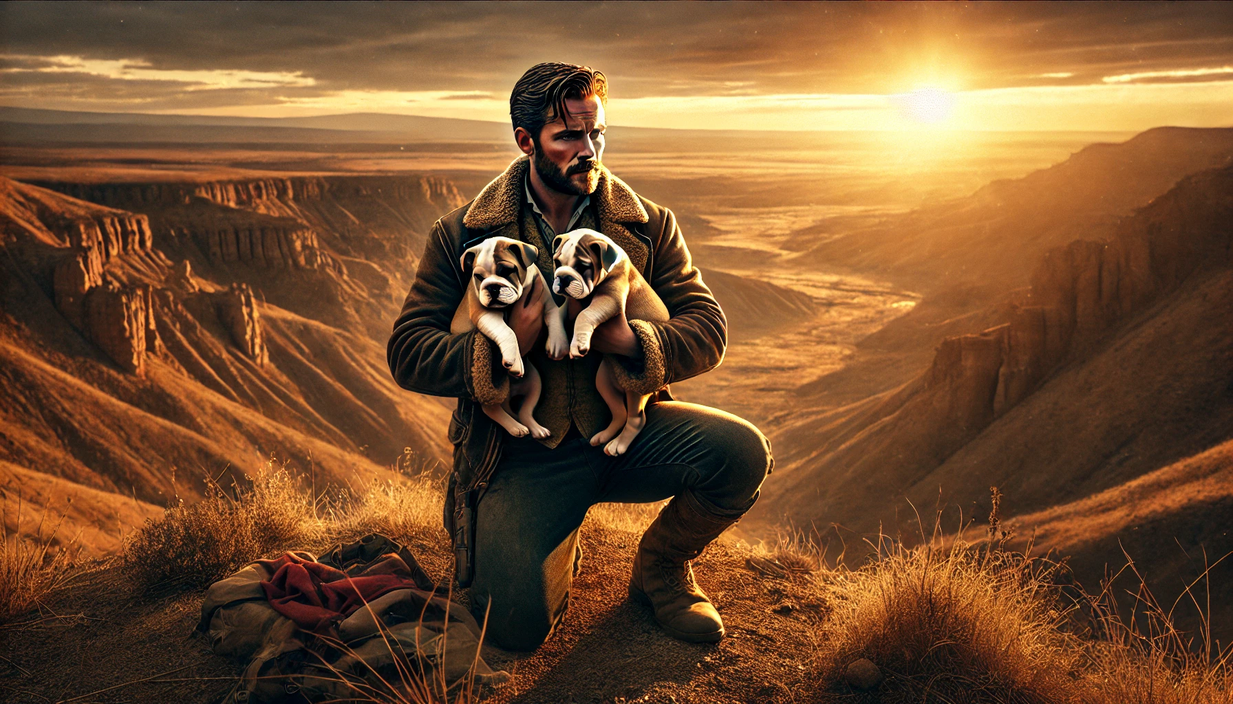 A man stands on a rocky hill, holding two bulldog puppies, as the sun sets over a vast desert-like landscape. The scene is peaceful and warm, symbolizing resilience after a tough journey.