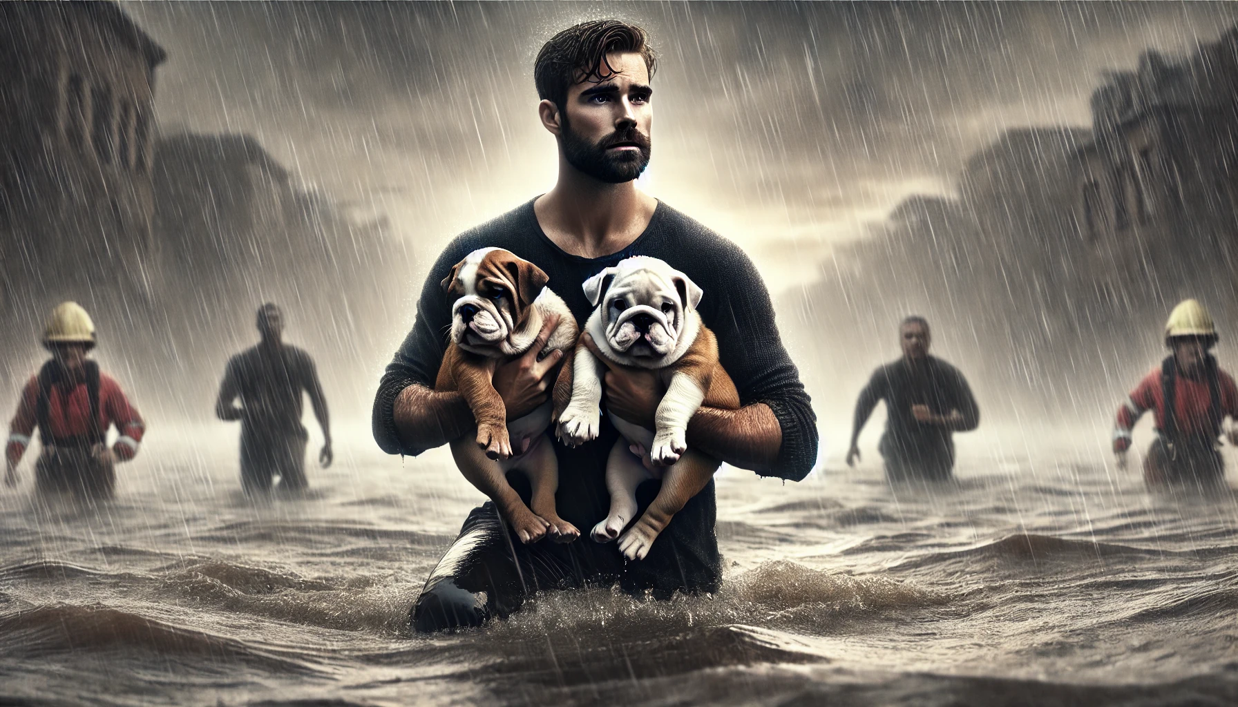 A man stands in floodwaters, holding two bulldog puppies in his arms. Behind him, blurred figures wade through the rising water under a dark, stormy sky. The man looks determined, focused on rescuing the puppies from the dangerous situation.